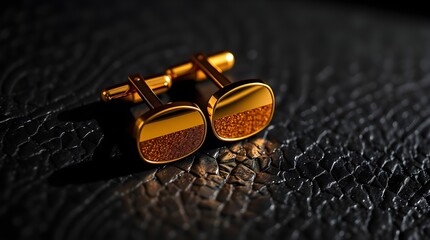 close-up of luxurious golden cufflinks on a black textured surface. Strong moody style with warm candlelight, low contrast, and flickering flames. 