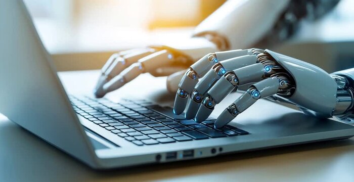 Cybernetic Robot Typing on a Laptop, Showcasing Advanced AI and Human-Like Precision in a Professional Workspace