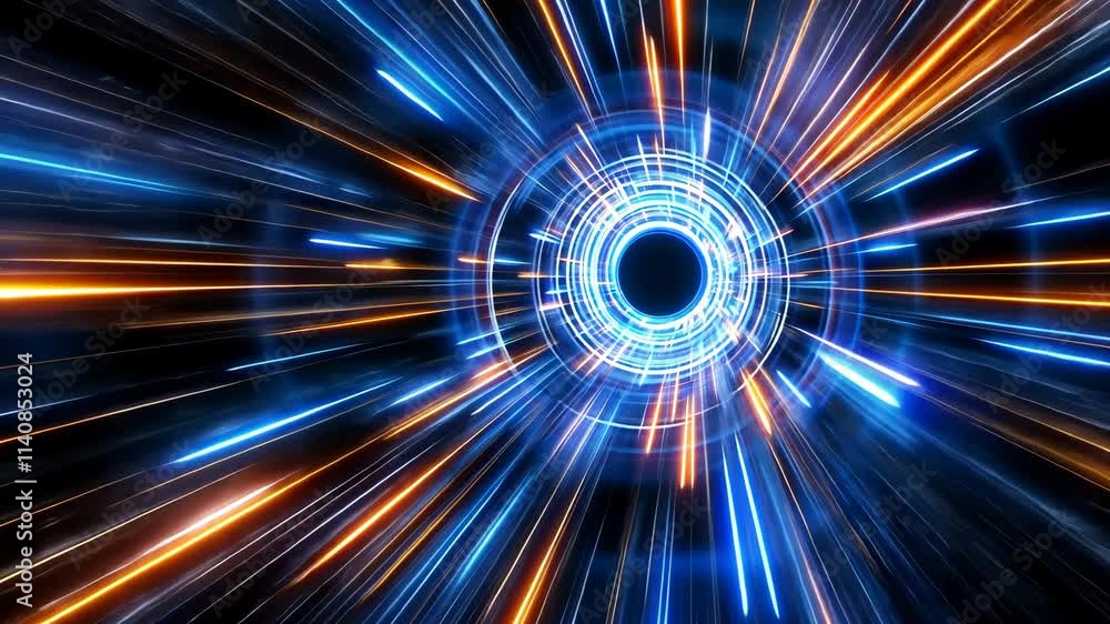 Poster bright circular light patterns create a sense of motion and speed in a dark cosmic background