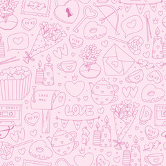 Valentine's day pink seamless pattern with monochrome doodles for wallpaper, textile prints, scrapbooking, backgrounds, digital paper, wrapping paper, etc. EPS 10