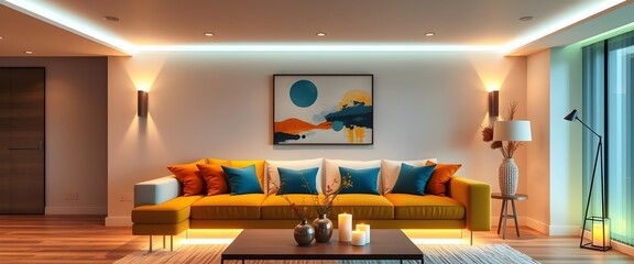 Modern Living Room with Yellow Sofa, Ambient Lighting