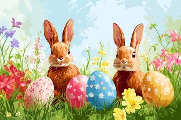 Obraz premium Colourful easter banner with bunnies, eggs and flowers. Vector