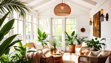 Fototapeta premium Sunroom with Tropical Plants, Wicker Furniture, Natural Light