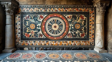 Obraz premium Ancient mosaic wall and floor, columns, intricate design.