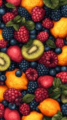 Obraz premium A vibrant assortment of fruits including berries, citrus, and kiwi.