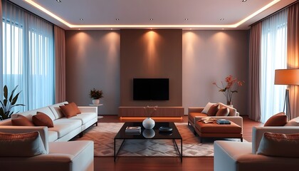 Modern Living Room with Warm Lighting, Muted Colors
