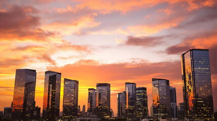 Obraz premium Cityscape at Sunset, Skyscrapers, Golden Hour