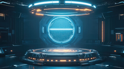 abstract backgound video game. scifi gaming cyberpunk, vr virtual reality simulation and metaverse, scene stand pedestal stage, 3d illustration rendering, futuristic neon glow room