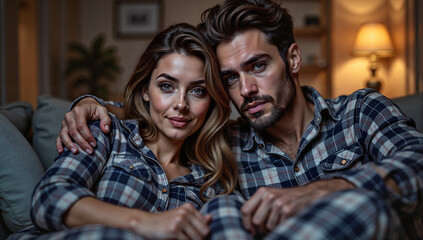 Fototapeta premium Couple in matching plaid pajamas relaxing together at home 