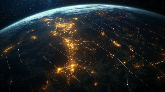 Lichter der modernen St&auml;dte Europas in der Nacht aus dem All betrachtet

