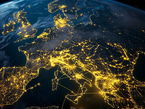 Lichter der modernen St&auml;dte Europas in der Nacht aus dem All betrachtet


