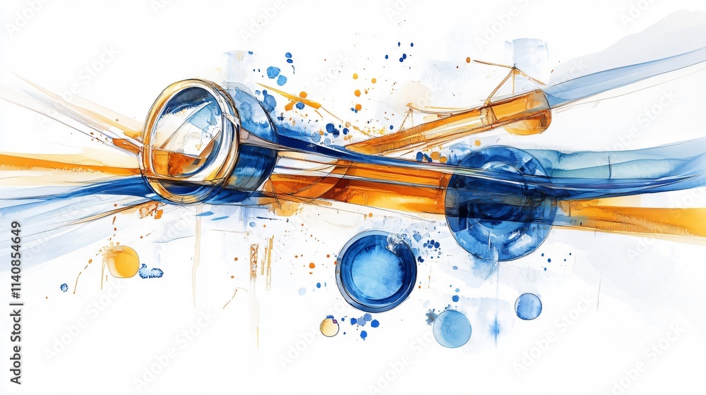 Poster abstract art with blue and gold splashes and dynamic lines, creating a sense of motion and energy.