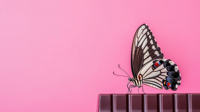 Beautiful butterfly perched delicately on a chocolate bar, against a soft pink background, symbolizing sweetness and the harmony of nature and dessert in vibrant colors. - Powered by Adobe
