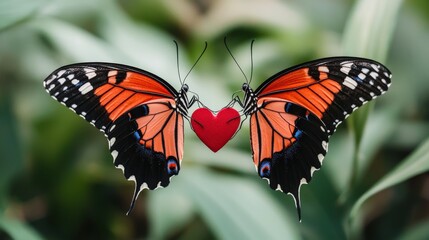 Fototapeta premium Beautiful Monarch Butterflies with Vibrant Orange Wings and Heart Symbol in Nature, Symbolizing Love and Transformation in a Green Background