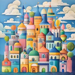 Colorful fantasy castle with whimsical designs and vibrant sky.