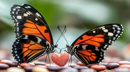 Fototapeta premium Elegant Monarch Butterflies Displaying Affection with a Heart-Shaped Object Surrounded by Colorful Pebbles on a Soft Focus Background