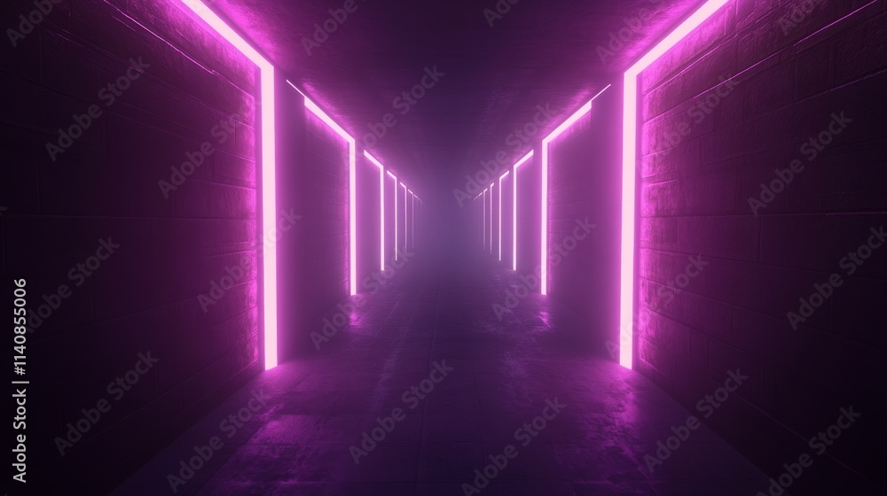Aufkleber neon light tunnel perspective. vector realistic illustration of dark hall with triangular shape geom