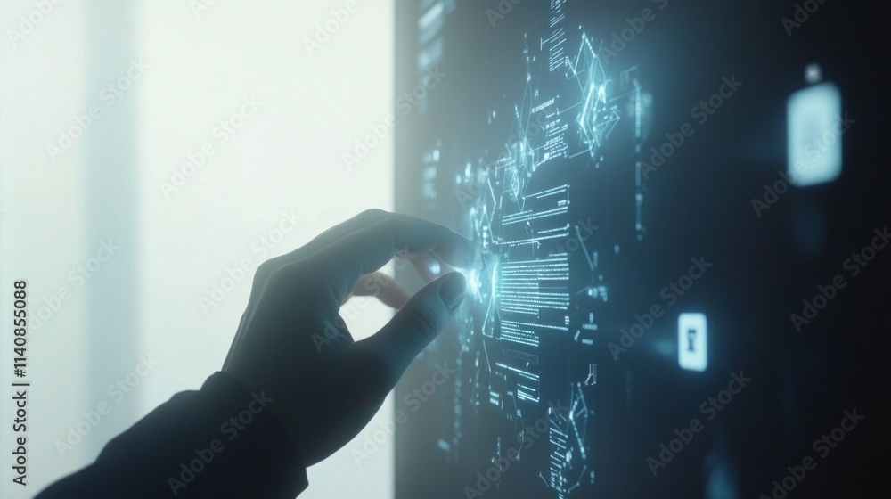 Aufkleber hand interacting with a holographic global data network interface.