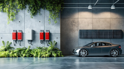 battery packs alternative electric energy storage system at home garage wall as backup or sustainable energy concepts