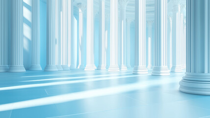 Obraz premium Beautiful airy widescreen minimalistic white and light blue architectural background banner with tilted columns. AI generated.