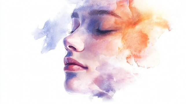 Dreamy Watercolor Portrait: A serene depiction of a woman with closed eyes, evoking peace and tranquility.