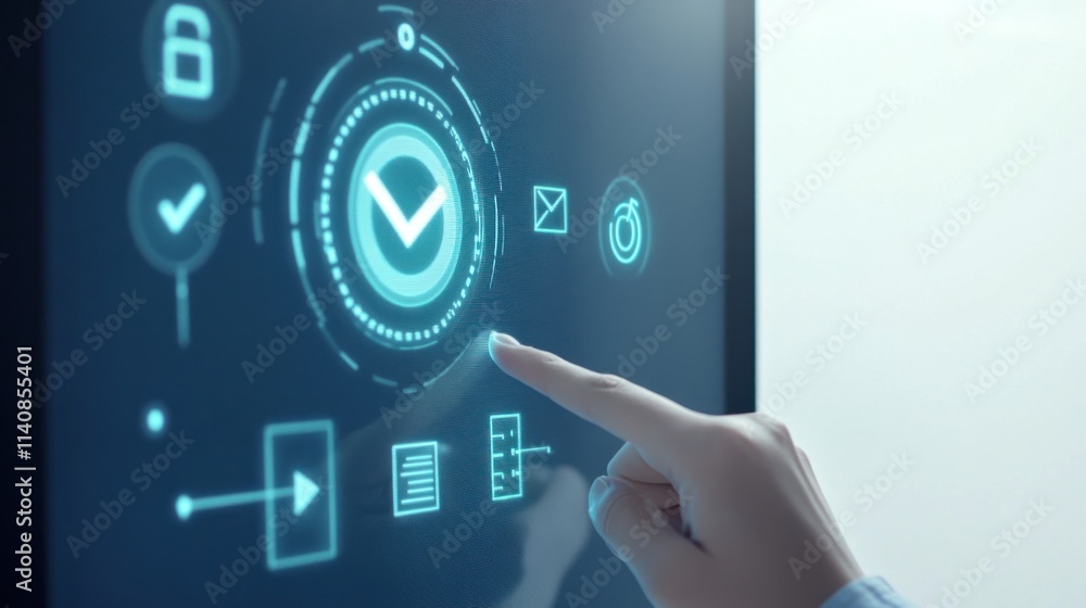 Poster hand interacts with digital security interface.