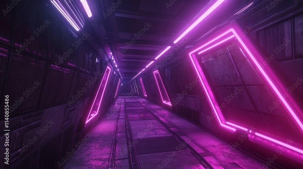 Poster neon light tunnel perspective. vector realistic illustration of dark hall with triangular shape geom