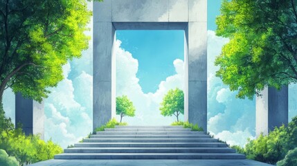 Naklejka premium A serene pathway leading to a bright, open sky and greenery.