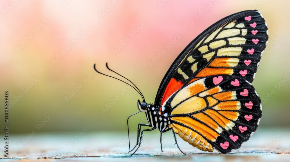 Poster beautiful butterfly with heart patterns on its wings resting on a surface against a soft colorful ba