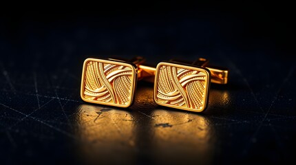 close-up of luxurious golden cufflinks on a black textured surface. Strong moody style with warm candlelight, low contrast, and flickering flames. 