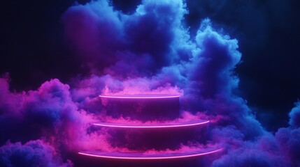 Cylinder flying podium with neon glowing abstract geometric shapes on wall and smoke clouds. Realistic 3d vector illustration of purple and blue luminous hi tech product platform on dark background.