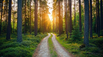 Obraz premium Path of beginning and start exploration, A serene forest path leads through tall trees, illuminated by the warm glow of the setting sun, inviting exploration and tranquility.