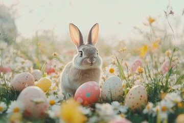 Easter - Bunny And Decorated Eggs In Flowery Field 