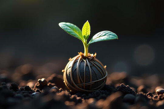 carefully wrapped seedling protects shadows symbol growth nurturing new life amidst fragility