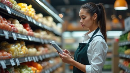 A young woman in an apron stands in a grocery store aisle, using a tablet to check inventory among colorful fresh produce. The atmosphere is bustling with shoppers
