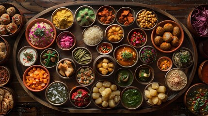 Large Indian snack platter with assorted sweets and savories, colorful traditional festive food presentation, flat lay composition, rich cultural feast, close-up photography.

