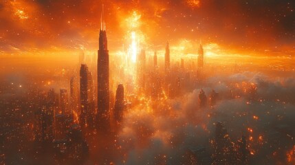 Fiery futuristic city skyline, apocalyptic sky.