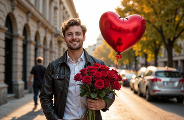 Smiling young man with a romantic mood, walking down the street on a date with a festive bouquet of red roses and a heart-shaped balloon, Valentine's Day