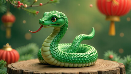 Fototapeta premium Snake, symbol of the New Year, with a serene mood, lying on a stump against a backdrop of red Chinese lanterns