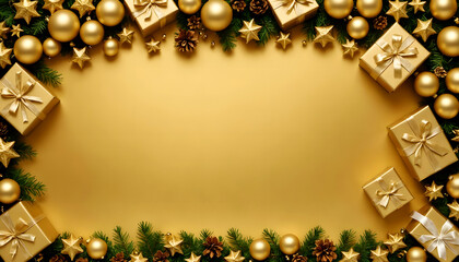 gold christmas gifts, ornaments, and pine decorations on golden festive background