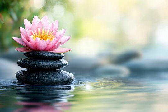 Pink flower atop stacked stones in calm water. - Powered by Adobe