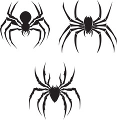 Three stylized spider silhouettes for tattoo or graphic design.