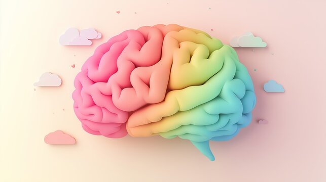 rainbow brain on gradient paper pastel light background, think, intelligent and health concept 