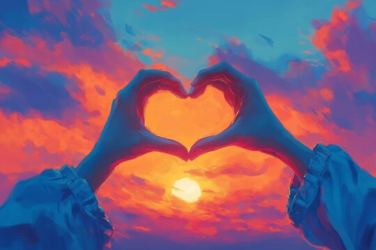 As the sun sets, female hands together form a heart shape, symbolizing love and unity in celebration of International Women's Day. A beautiful scene of connection and warmth.