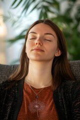 Serene young woman, eyes closed, necklace, relaxed.