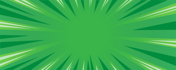 Sun rays green background, starburst anime pop art cartoon or comic, dotted texture and explosion effect or sunburst, halftone gradient, fun and exciting template frame.