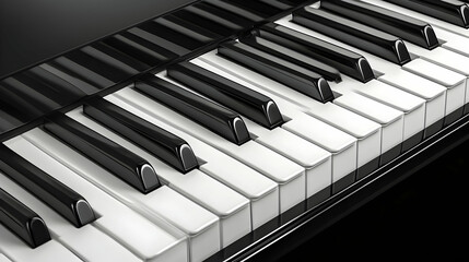 3D Render of a Polished Black Piano Keyboard with White and Black Keys, Close-up View