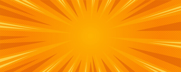 Sun rays orange background, starburst anime pop art cartoon or comic, dotted texture and explosion effect or sunburst, halftone gradient, fun and exciting template frame.