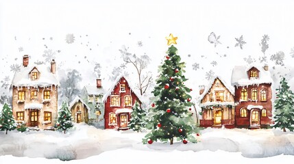 Fototapeta premium A Charming Christmas Village: Cozy Homes and a Festive Tree in the Snow