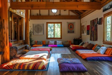 Serene room; colorful floor cushions, wooden beams.